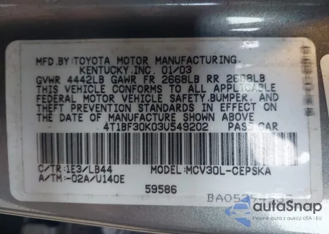 2003 Toyota Camry Se V6 z USA, uszkodzony, nr VIN 4T1BF30K03U549202